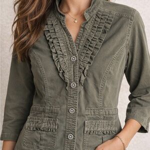Chadwicks Army Green Ruffle Button Front Top Size Medium Silver